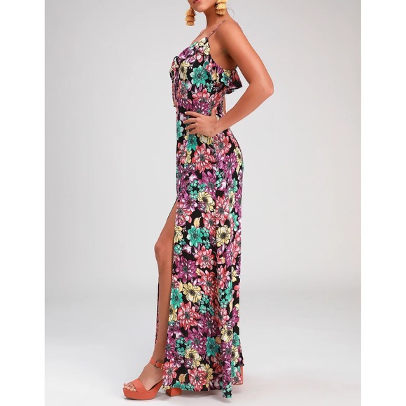 Lulus Dynah women's S Black Floral Print Sleeveless Maxi Dress strap ruffle - Picture 4 of 9